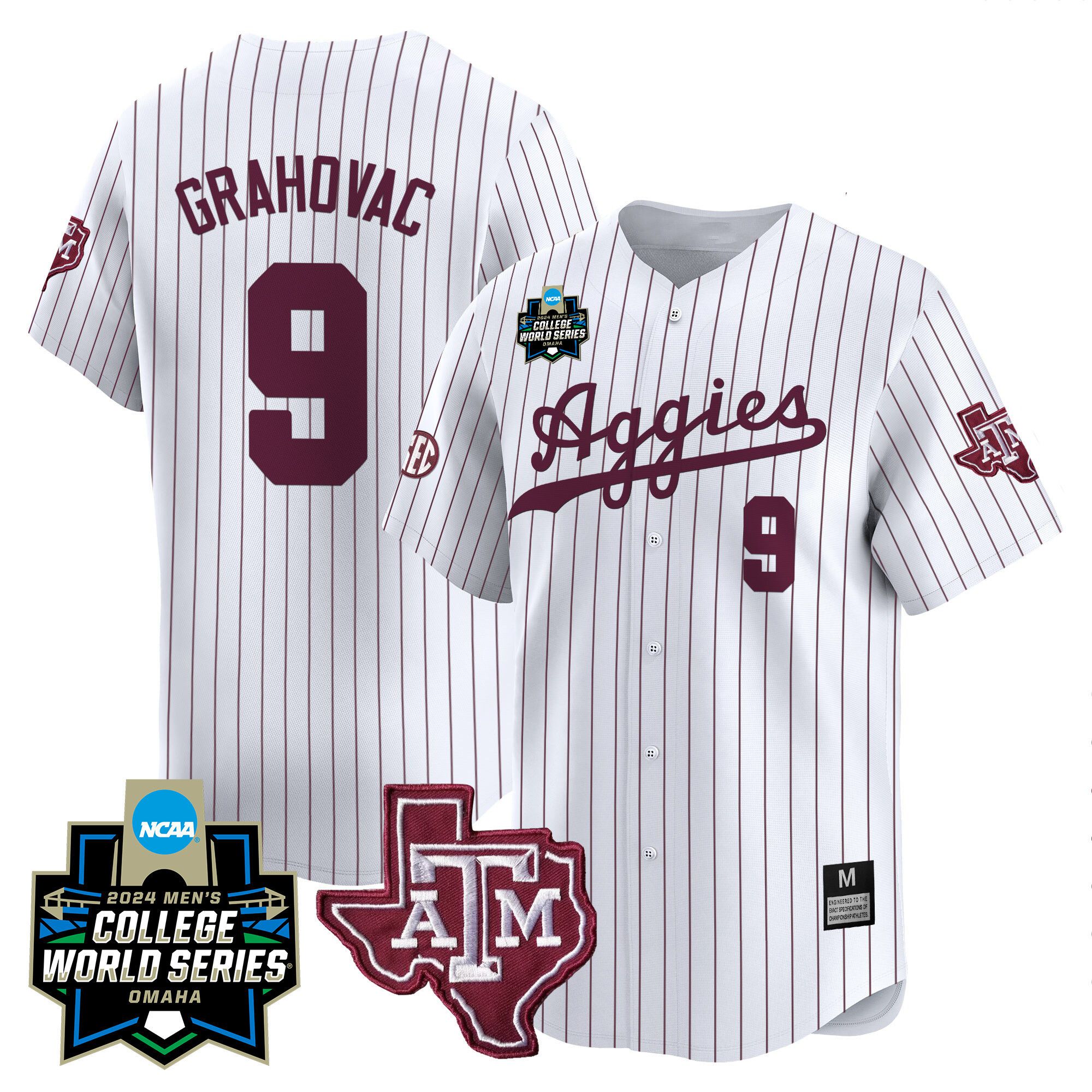 Men Texas A&M Aggies #9 Grahovac White Stripe 2024 College World Series Vapor Premier Limited NCAA Jersey->customized nfl jersey->Custom Jersey